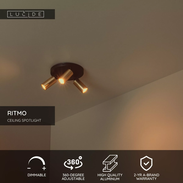 RITMO - Plafon - Ø 18 cm - 3xGU10 - Matt Gold / Brass 09942/13/02 Lucide